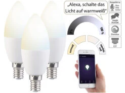 Luminea WLAN LED Alexa:3er-Set WLAN-LED-Lampen Mit Sprachsteuerung, E14, CCT, F