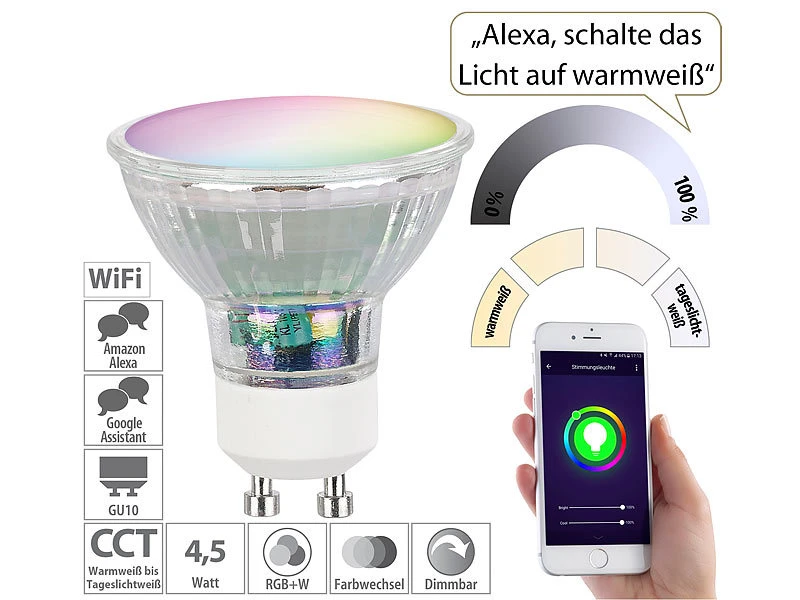Luminea Home Control GU10 Smart:8er-Set WLAN-RGB/CCT-Glas-Lampe, GU10, Für Siri, Alexa & GA, 4,5 W – Bild 17