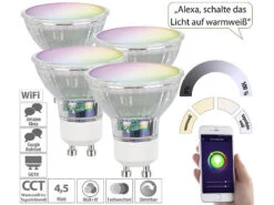 Luminea Home Control WLAN LED:4er-Set WLAN-RGB/CCT-Glas-Lampen, GU10, Für Siri, Alexa & GA, 4,5 W