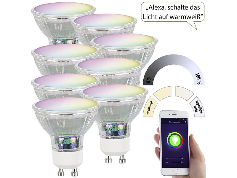 Luminea Home Control GU10 Smart:8er-Set WLAN-RGB/CCT-Glas-Lampe, GU10, Für Siri, Alexa & GA, 4,5 W – Bild 2