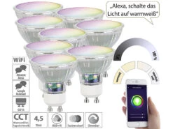 Luminea Home Control GU10 Smart:8er-Set WLAN-RGB/CCT-Glas-Lampe, GU10, Für Siri, Alexa & GA, 4,5 W