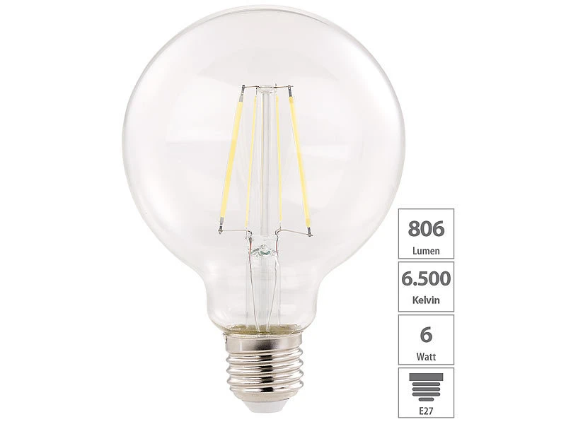 Luminea LED Globe:4er-Set LED-Filament-Birnen, E27, E, 6 W, 806 Lm, Tageslichtweiß – Bild 3