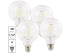 Luminea LED Globe:4er-Set LED-Filament-Birnen, E27, E, 6 W, 806 Lm, Tageslichtweiß