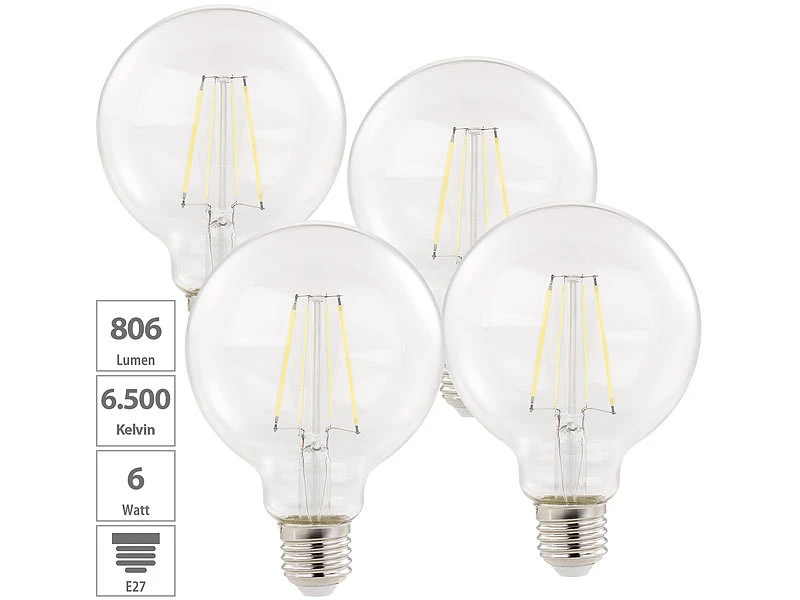 Luminea LED Globe:4er-Set LED-Filament-Birnen, E27, E, 6 W, 806 Lm, Tageslichtweiß