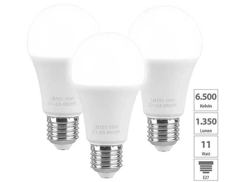 Luminea Glühbirne E27:6er-Set LED-Lampen E27, 11 W (ersetzt 120 W) 1.350 Lm, Tageslichtweiß – Bild 6