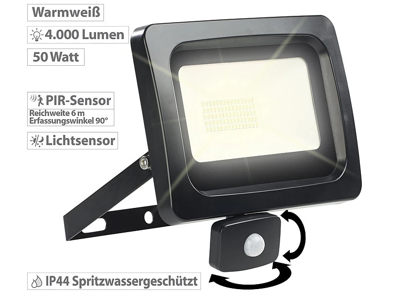 Luminea LED-außen-Fluter:LED-Fluter Mit PIR-Sensor, 50 Watt, 4.000 Lumen, Warmweiß, IP44