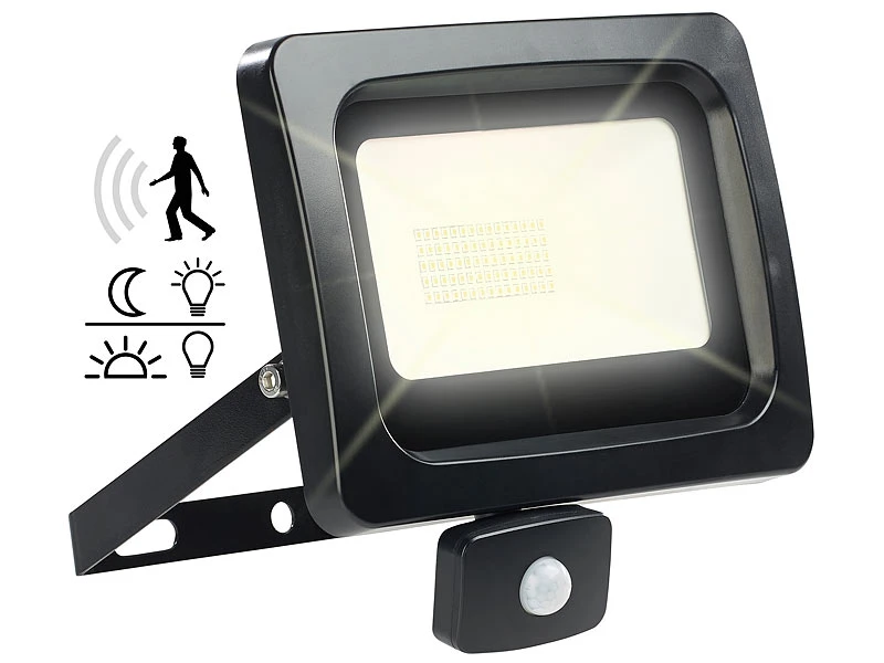 Luminea LED-außen-Fluter:LED-Fluter Mit PIR-Sensor, 50 Watt, 4.000 Lumen, Warmweiß, IP44 – Bild 2