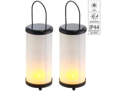 Lunartec Fackel Lampe:2er-Set Solar-LED-Laternen Glas/Metall Mit Fackel-Effekt, 96 LEDs