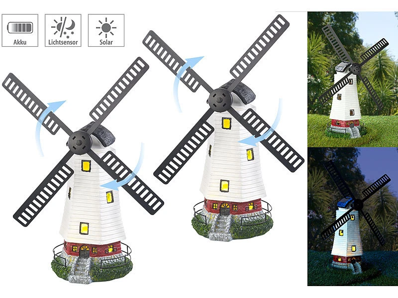 Lunartec Deko-Windmühle Garten:2er-Set Solar-Deko-Windmühlen Mit Drehendem Windrad & LED-Licht