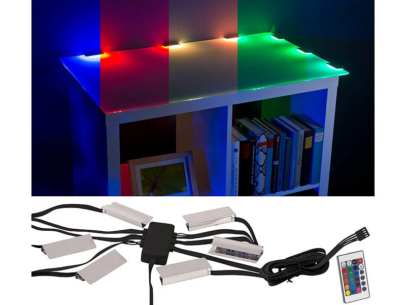 Lunartec Glaskantenbeleuchtung:LED-Glasbodenbeleuchtung Mit Fernbedienung: 6 Klammern Mit 18 RGB-LEDs