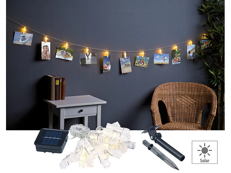 Lunartec Fotolichterkette:LED-Foto-Clips-Lichterkette Mit 40 Klammern, Solar-betrieben, 10 M