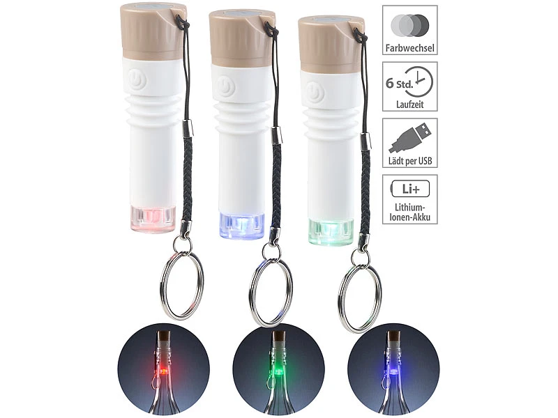 Lunartec Flaschenlicht:3er-Set LED-Weinflaschen-Lichter Mit RGB-Farbwechsel, Per USB Ladbar