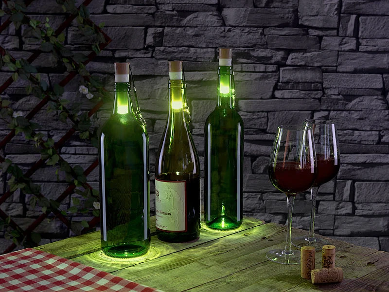 Lunartec Weinflaschen Beleuchtung:3er-Set LED-Weinflaschen-Lichter Mit Weißem Licht, Per USB Ladbar – Bild 8