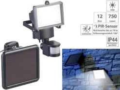 Luminea Solar Strahler:Solar-LED-Wand-Fluter Für Außen, Mit PIR-Sensor, 12 W, 750 Lumen, IP44