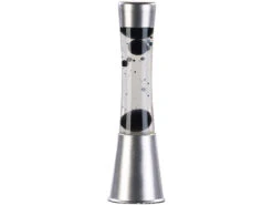 Lunartec Nachtischlampe:Lavalampe, Klare Flüssigkeit, Schwarzes Wachs, Glas, Alu, Kindersicher