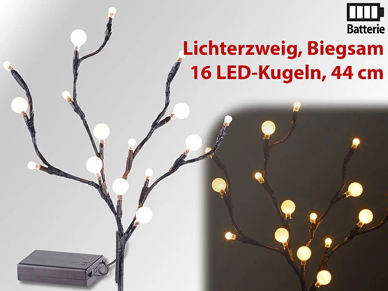 Lunartec LED Zweig:LED-Lichterzweig Mit 16 Leuchtenden Kugeln, 44 Cm, Batteriebetrieben
