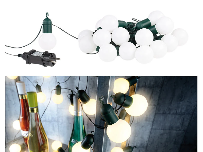 Lunartec Lichterkette Glühbirne:LED-Lichterkette Mit 20 Lämpchen, 1,2 Watt, Warmweiß, 475 Cm, IP44 – Bild 2