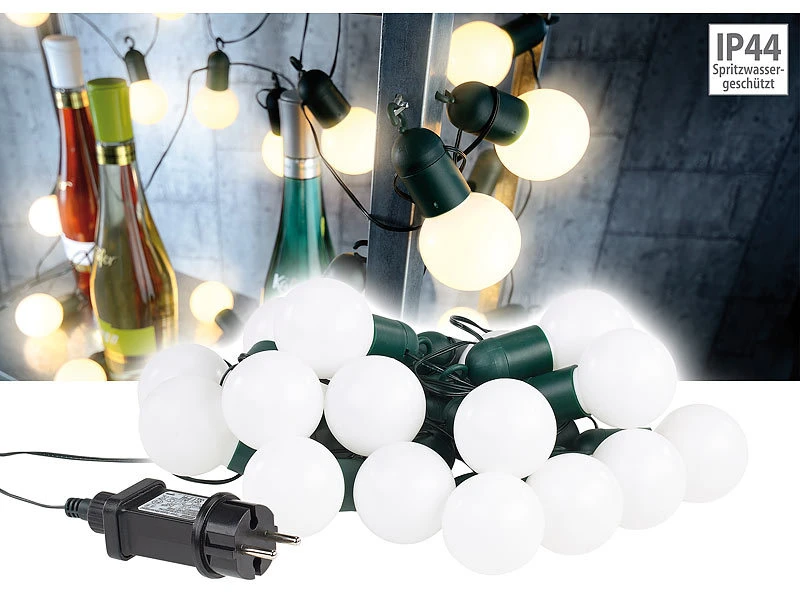 Lunartec Lichterkette Glühbirne:LED-Lichterkette Mit 20 Lämpchen, 1,2 Watt, Warmweiß, 475 Cm, IP44