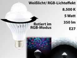 Lunartec Discolampe:Rotierende Disco-LED-Lampe, Galaxie-Effekt, Weißlichtmodus, E27, 5 W
