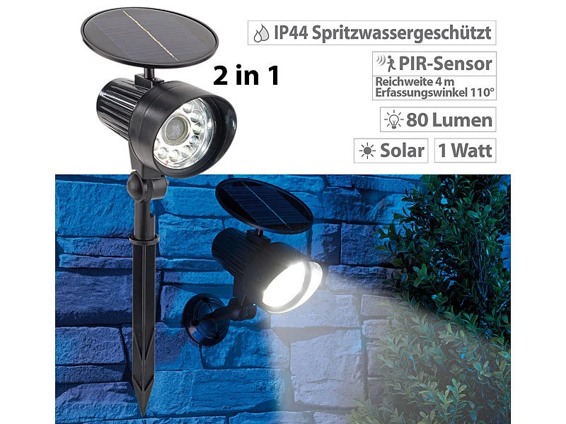 Royal Gardineer Solar Scheinwerfer:2er-Set 2in1-Solar-LED-Wand- Und Wegeleuchten Mit Licht- & PIR-Sensor – Bild 9