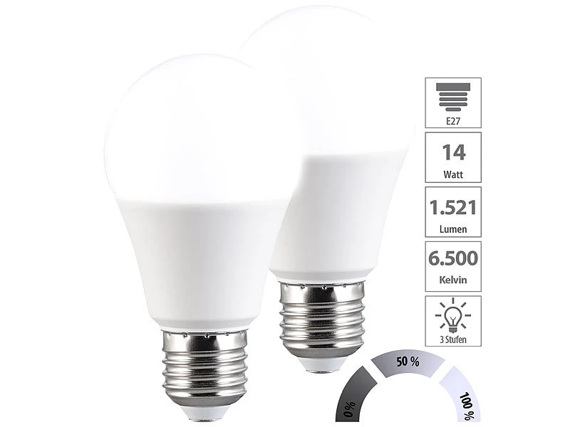 Luminea Neutralweiße LED-Lampen:8er-Set LED-Lampen Mit 3 Helligkeits-Stufen, 14 W, 1.521 Lm, 6500 K, F – Bild 6