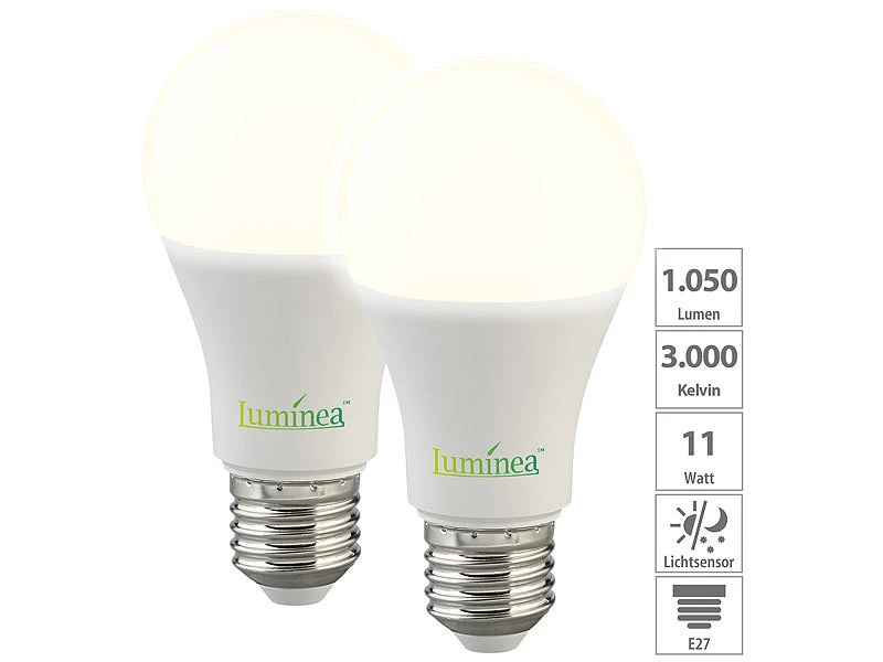 Luminea LED Wonzimmerleuchten:2er-Set LED-Lampen Mit Dämmerungssensor, E27, 11 W, 1.050 Lm, Warmweiß
