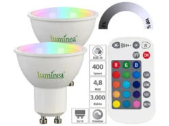 Luminea LED-Lampen GU 10:2er-Set LED-Spots GU10, RGBW, 4,8 W (ersetzt 40 W), 400 Lm, Dimmbar