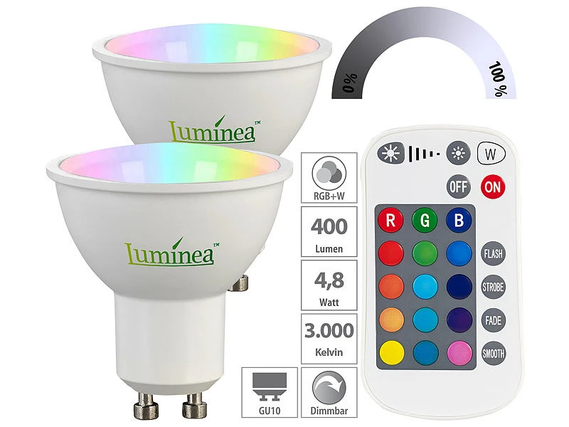 Luminea LED-Lampen GU 10:2er-Set LED-Spots GU10, RGBW, 4,8 W (ersetzt 40 W), 400 Lm, Dimmbar