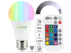 Luminea LED Lampe Farbwechsel:LED-Lampe E27, RGBW, 8 W (ersetzt 75 W), 806 Lumen, Dimmbar