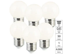 Luminea E27-LED-Glühbirne:6er-Set LED-Lampen E27, Retro, G45, 1 W (ersetzt 10 W), 50 Lm, Weiß