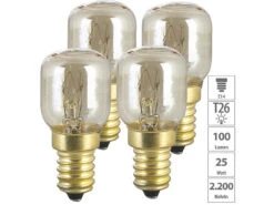 Luminea Kolben-Leuchtmittel E14:4er-Set Backofenlampen, E14, T26, 25 W, 100 Lm, Warmweiß, Bis 300 °C