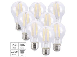Luminea Filament Leuchtmittel:8er-Set LED-Filament-Lampen E27 7,2 W (ersetzt 60 W) 806 Lm Warmweiß