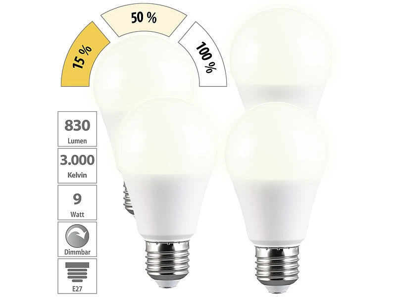 Luminea LED Birne:4er-Set LED-Lampe E27 9W (ers. 75W) 3-stufig Dimmbar 830 Lm Warmweiß