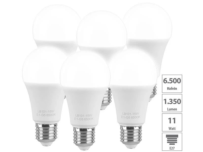 Luminea Glühbirne E27:6er-Set LED-Lampen E27, 11 W (ersetzt 120 W) 1.350 Lm, Tageslichtweiß