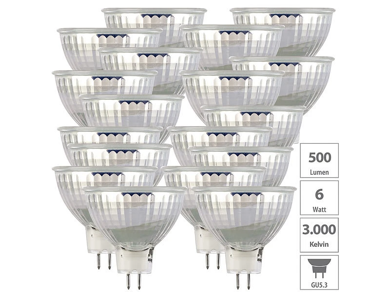 Luminea Gu5.3 Beleuchtung:18er-Set LED-Spot Mit Glasgehäuse GU5.3, 6 W, 500 Lm, 3000 K, F