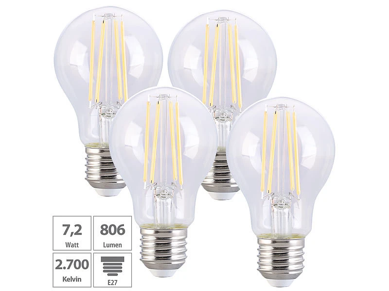 Luminea LED Birnen E27:4er-Set LED-Filament-Lampe E27 7,2 W (ersetzt 60 W) 806 Lm Warmweiß