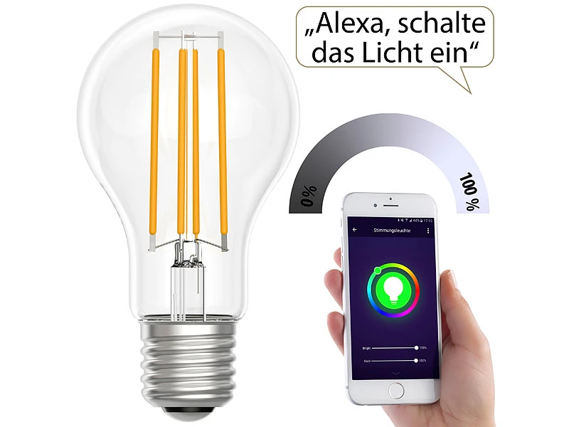 Luminea Home Control WiFi Lampen:LED-Filament-Lampe, Komp. Zu Amazon Alexa / GA, 2700 K 2er-Set – Bild 8