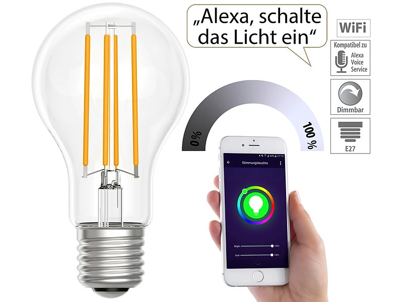Luminea Home Control WiFi Lampen:LED-Filament-Lampe, Komp. Zu Amazon Alexa / GA, 2700 K 2er-Set – Bild 7