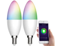 Luminea Home Control Smart LED:2er-Set WLAN-LED-Kerze, E14, RGB-CCT, 5,5 W (ersetzt 40 W), 470lm, App