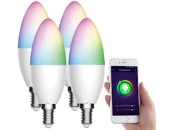 Luminea Home Control WiFi Glühbirne E14:4er-Set WLAN-LED-Kerze, E14, RGB-CCT, 5,5 W (ersetzt 40 W), 470lm, App