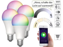 Luminea Home Control WLAN Glühbirnen:4er-Set WLAN-LED-Lampen, E27, RGB-CCT, 9W (ersetzt 75W), F, 800lm, App