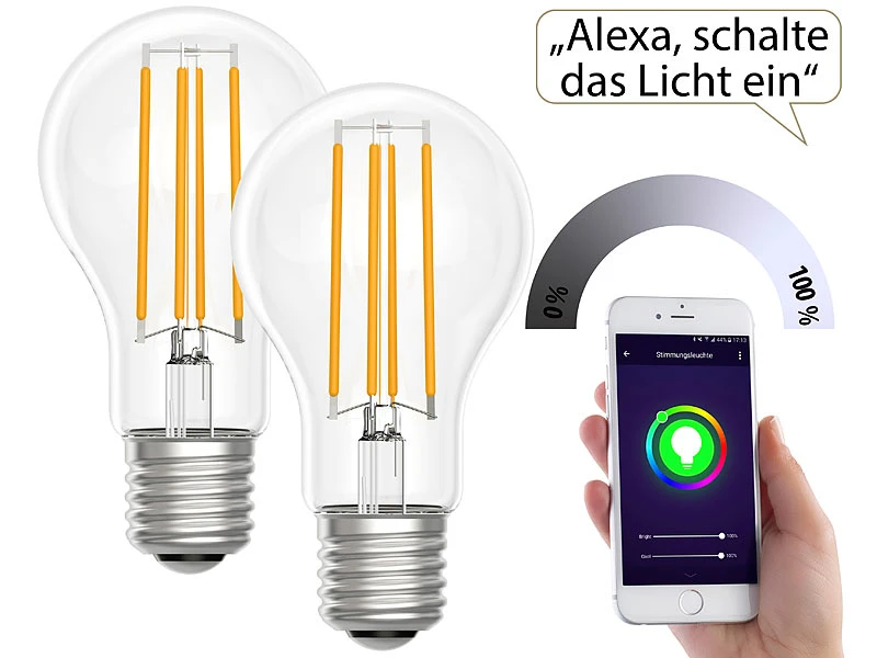 Luminea Home Control WiFi Lampen:LED-Filament-Lampe, Komp. Zu Amazon Alexa / GA, 2700 K 2er-Set – Bild 3