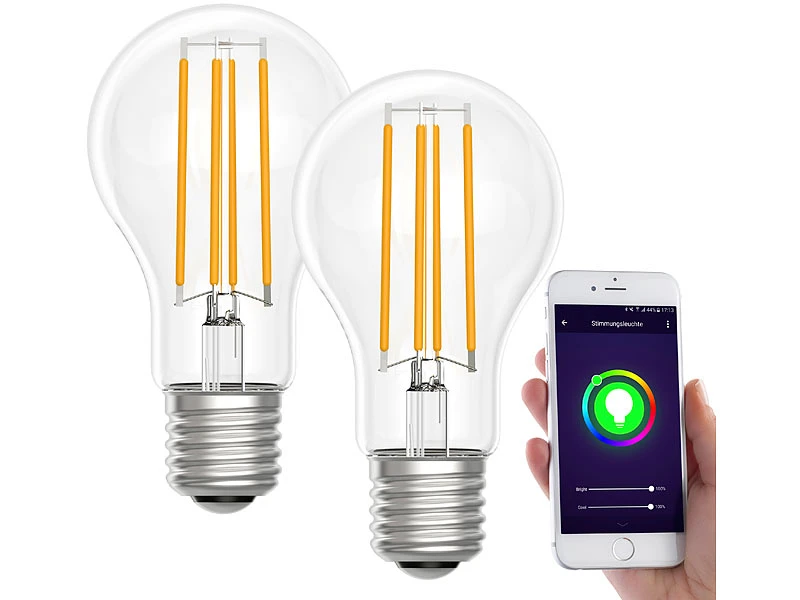 Luminea Home Control WiFi Lampen:LED-Filament-Lampe, Komp. Zu Amazon Alexa / GA, 2700 K 2er-Set – Bild 4