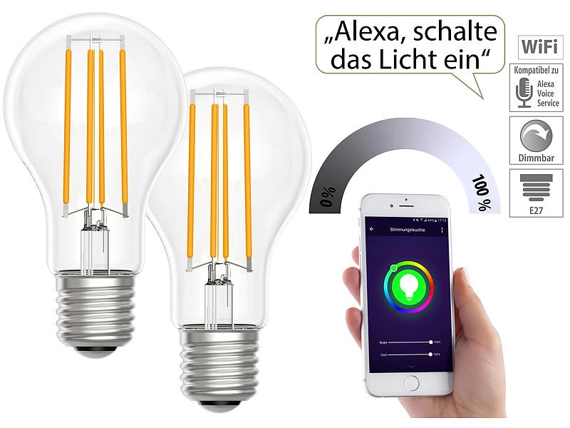 Luminea Home Control WiFi Lampen:LED-Filament-Lampe, Komp. Zu Amazon Alexa / GA, 2700 K 2er-Set
