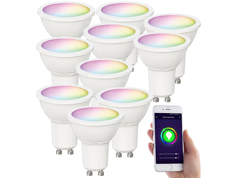 Luminea Home Control GU 10 WLAN:10er-Set WLAN-LED-Spots, GU10, RGB-CCT, 4,5 Watt, F; 350 Lm, 100°, App – Bild 3