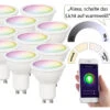Luminea Home Control GU 10 WLAN:10er-Set WLAN-LED-Spots, GU10, RGB-CCT, 4,5 Watt, F; 350 Lm, 100°, App