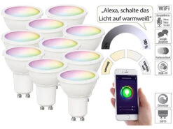 Luminea Home Control GU 10 WLAN:10er-Set WLAN-LED-Spots, GU10, RGB-CCT, 4,5 Watt, F; 350 Lm, 100°, App