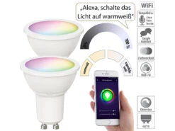 Luminea Home Control GU10 LED RGBW:2er-Set WLAN-LED-Spots, GU10, RGB-CCT, 4,5 Watt, F, 350 Lm, 100°, App