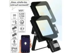 Luminea Home Control WLAN Outdoor Fluter:2er-Set WLAN-Fluter, CCT-LEDs, App, PIR, 1.600 Lm, 20 W, IP44