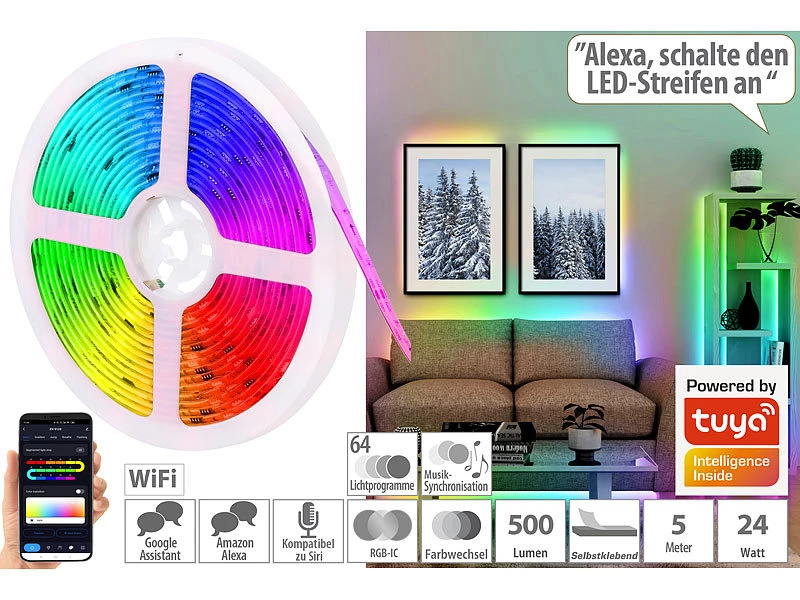 Luminea Home Control Alexa RGBIC LED Strips:2er-Set WLAN-RGBIC-LED-Lichtstreifen, App, Sprach- & Soundsteuerung,5m – Bild 10